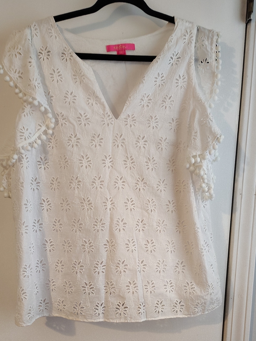 Lilly Pulitzer White Eyelet V-Neck Pom-Trim Blouse